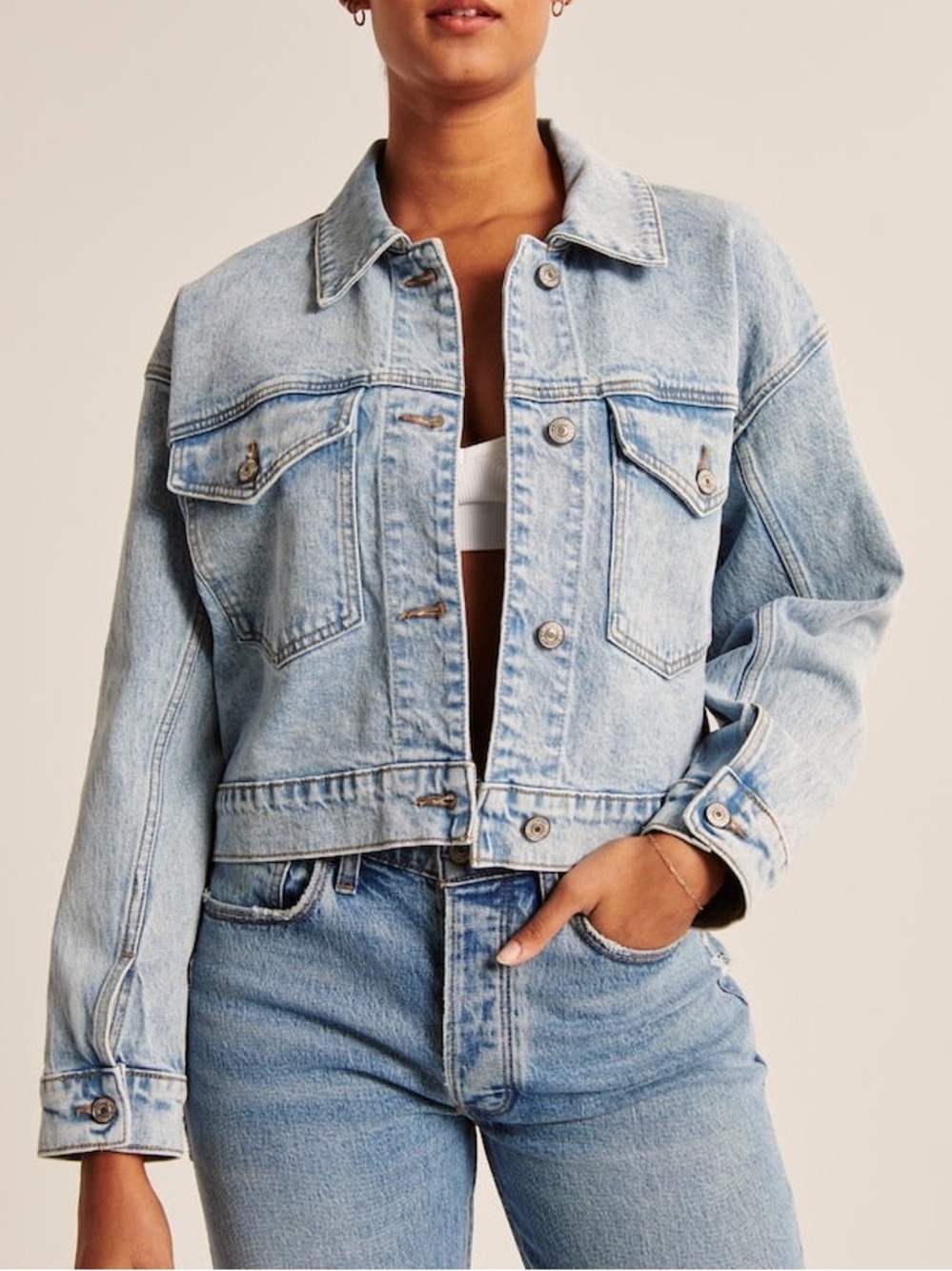 Abercrombie & Fitch Cropped Drapey Denim Jacket - Light Wash | Size Small
